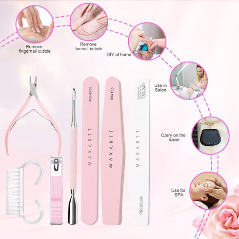 Makartt Nail File and Buffer, Pink Basic Nail Prep Kit with Cuticle Trimmer & Nail Care Tools