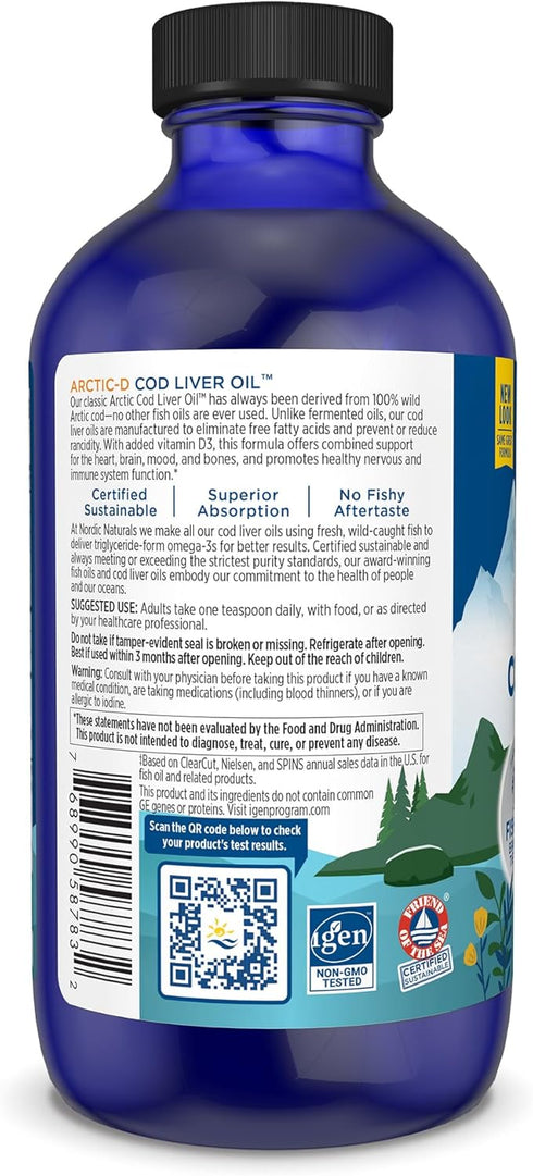 Nordic Naturals Arctic-D Cod Liver Oil, Lemon, 8 oz, 1060 mg Total Omega-3s + 1000 IU Vitamin D3, 48 Servings