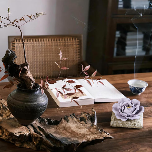 Iryanthos Ceramic Passive Essential Oil Diffuser, Aesthetic Desktop Handmade Flower & Concrete Base, Porcelain