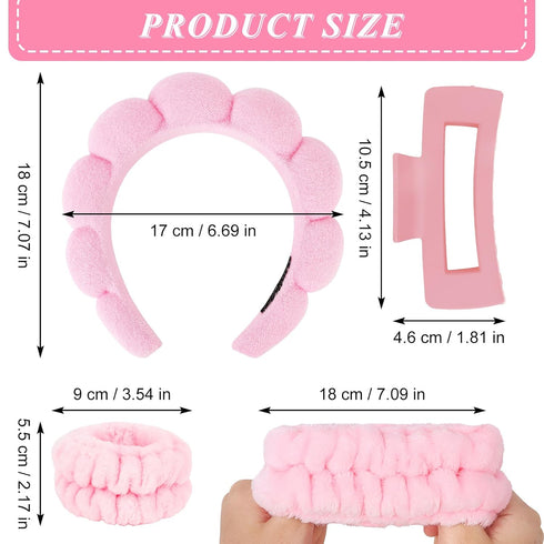 Wecoe Pink Blue Spa Headband and Wristband Set, Skincare Headband for Washing Face, Hair Claw Clips for Thick Hair