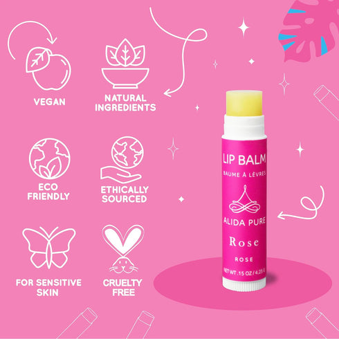 Rose Lip Balm Collection, Vegan Set, Beeswax Free, with Organic Jojoba & Avocado Oil, 3 Tube Set