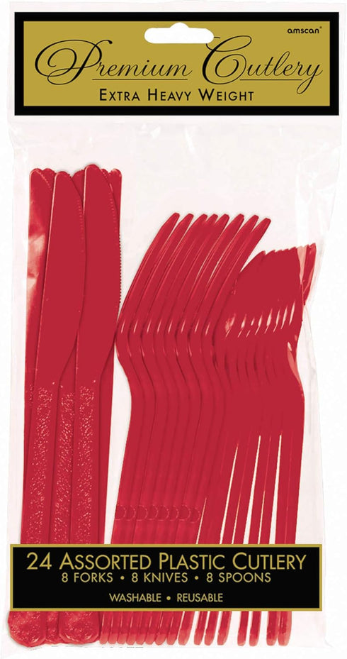 Apple Red Plastic Heavy Weight Assorted Cutlery Set (24 Pc.) - Durable & Elegant Utensils, Perfect for Parties, Events, and Everyday Use by Amscan