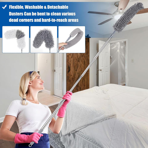 Dusters for Cleaning, 9Pcs Feather Duster with Extension Pole Up to 100'', Bendable Washable Long Duster