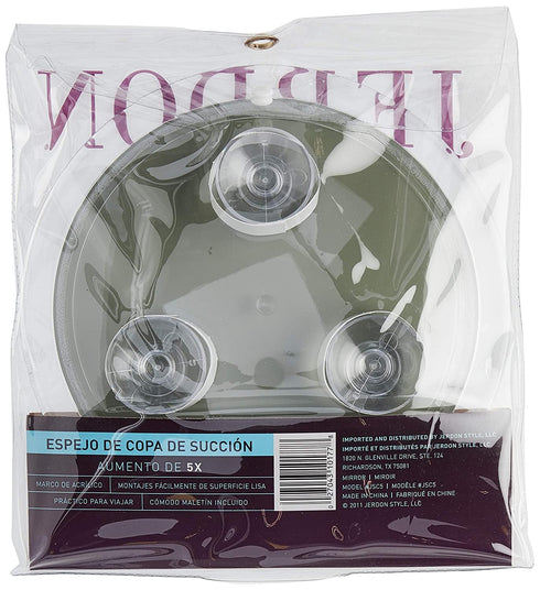 Jerdon Clear Portable Makeup Mirror - 9-Inch Diameter with Suction Cups and Vinyl Travel Case - 5X Magnification - JSC5