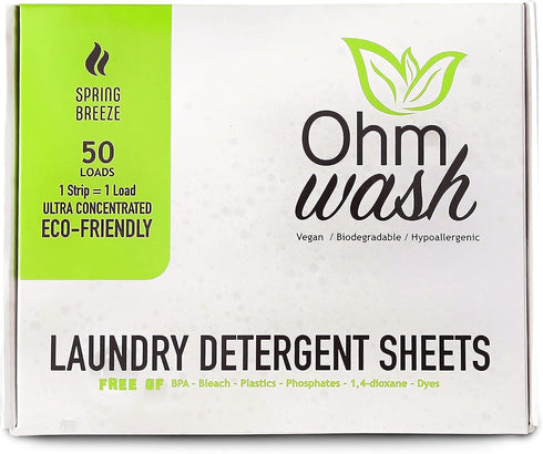 Ohm Earth’s Ohm Wash Laundry Detergent Sheets, Spring Breeze (50 Count) - Hypoallergenic & Biodegradable