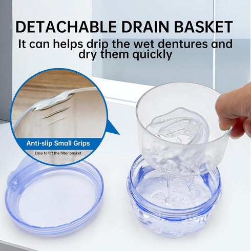 No Leak Partial Denture Case, Retainer Bath Box with Strainer Basket and Brush, Transparent Blue for False Teeth