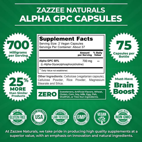Zazzee Extra Strength Alpha GPC Choline, 700 mg, 75 Vegan Capsules, 100% Pure Pharmaceutical Grade