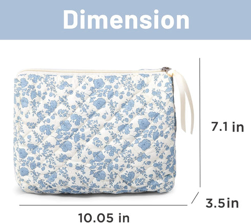 Makeup Bag Large Travel Quilted Cosmetic Makeup Bag Organizer, Floral Cotton Coquette Aesthetic Toiletry Bag for Women Girls (Blue Floral)