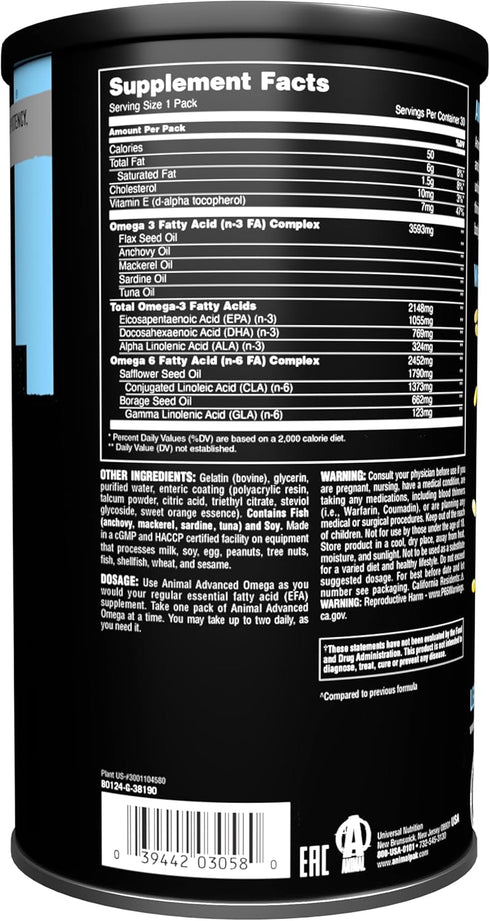 Animal Advanced Omega Essential Fatty Acids - High Potency 3500mg Omega 3 & Omega 6 Supplement with EPA, DHA, ALA, CLA,