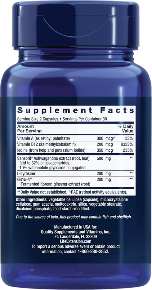 Life Extension Thyroid Support Complex - Thyroid Health Support Supplement with Vitamins A, B, Iodine, Magnesium, L-Tyrosine, Ashwagandha & Ginseng for Energy – Non-GMO, Gluten-Free - 60 Capsules