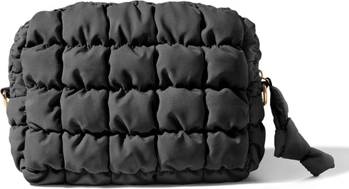 Quilted Makeup Bag, Travel Toiletry Bag for Women, Cute Black Puffer Makeup Organizer