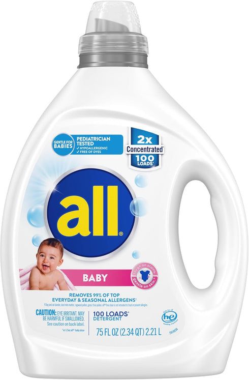 all Liquid Laundry Detergent, 2X Concentrated, Gentle for Baby, Hypoallergenic & Free Of Dyes, 100 Loads