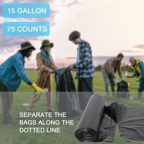 15 Gallon Black Trash Bags, 22 Micron Thick, Tall Garbage Bags for Office, Kitchen, 75 Count