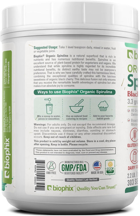 biophix Organic Spirulina Powder 2.2 lb Black Cherry Flavor - Nutrient-Dense Superfood, Protein-Rich & Powerful