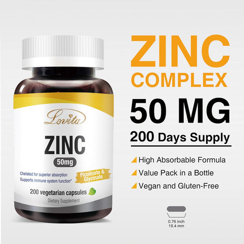 Lovita Zinc 50mg - Potent Highly-Absorbed Chelated Zinc Supplements, Picolinate & Bisglycinate - Vegan, Gluten Free,