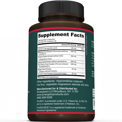 Sunergetic Premium Uric Acid Support Supplement with Tart Cherry, Chanca Piedra, Celery Extract & Turmeric - 60 Capsules
