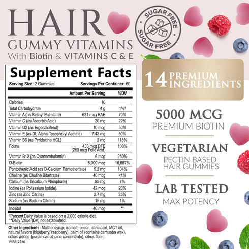 Gummies Gummy 5000 B12, 120 Gummies Hair Vitamins - Sugar Free Hair Growth Support with Biotin mcg Per Serving, Vitamin
