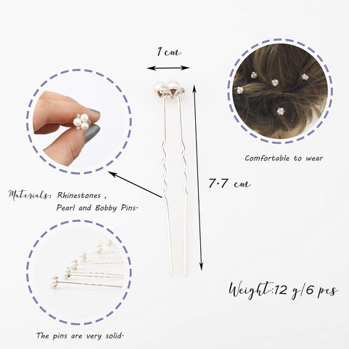 Kercisbeauty Bridal Hair Piece - Wedding Pearl Hair Pins with Rhinestones for Updos, Set of 6, Rose Gold