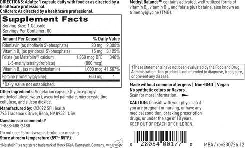 Klaire Labs Methyl Balance SFI Health - Bioactive Vitamin B & Methyl Folate Supplement with TMG, B2, B12 & B6 (60