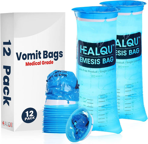 Healqu Hospital Vomit Bags, 12 Pack 1000ml Car Throw Up Bag for Travel & Motion Sickness, Leak Resistant