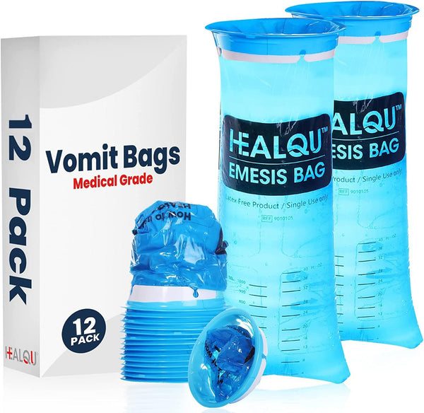 Healqu Hospital Vomit Bags, 12 Pack 1000ml Car Throw Up Bag for Travel & Motion Sickness, Leak Resistant