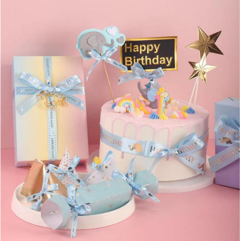 Happy Birthday Ribbon 2 Rolls, 1.5cm Satin Gift Wrap Ribbons for Bouquet, DIY Flower Birthday Wrapping, Party Supplies