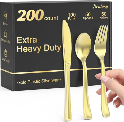 200 Count Heavy Duty Gold Plastic Silverware Set, 100 Forks, 50 Spoons, 50 Knives, BPA-Free Disposable
