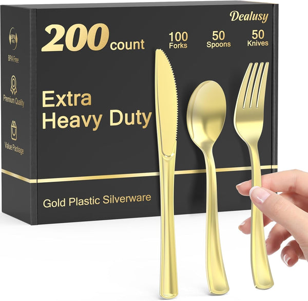 200 Count Heavy Duty Gold Plastic Silverware Set, 100 Forks, 50 Spoons, 50 Knives, BPA-Free Disposable