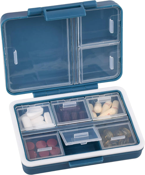 Teikou 9-Grid Pill Organizer,Portable Pill Box,Large Capacity Compartments,Travel Pill Container,Medicine Dispenser,Pill Purse,Pill Case