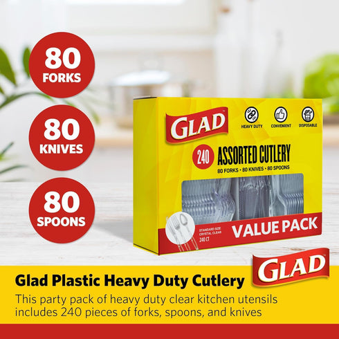 Set 240 Count Glad Clear Disposable Cutlery with Heavy Duty Plastic Forks, Knives, and Spoons, Reusable Dishwasher Safe