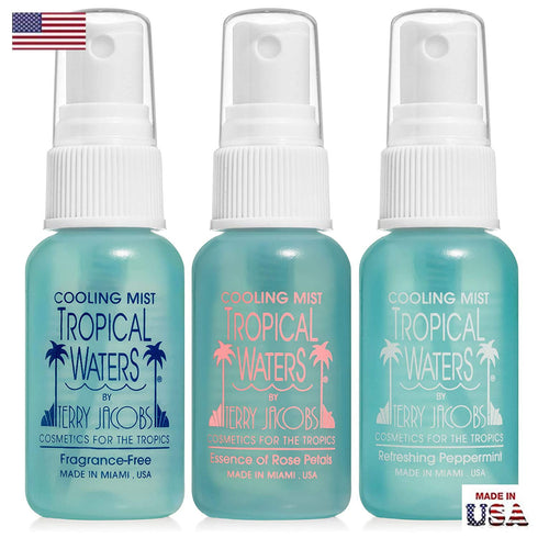 Tropical Waters 3 Piece Travel Set - 1 oz. Bottles, Rose Water Make Up Setting Spray, Peppermint Cooling Spray Mist,