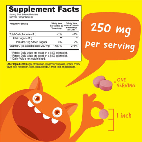 Kids Vitamin C Chewable Tablets 250mg - Vegan, Gluten Free, Nut Free - Tasty Natural Cherry Flavor - 120 Chewables