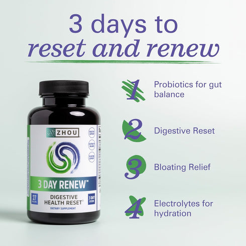 Zhou 3 Day Renew Digestive Health Reset, Bloating Aide with Alpha-Galactosidase, Probiotics, Electrolytes, 27 Veg Caps