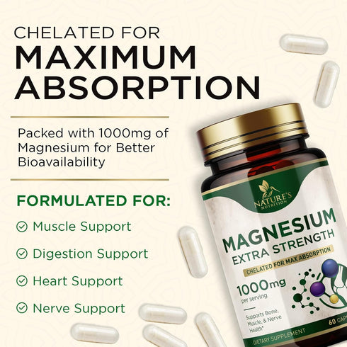 Magnesium Pills Extra Strength 1000mg | 60 Capsules | Chelated for Ultra Absorption | Non-GMO Supplement for Bone,