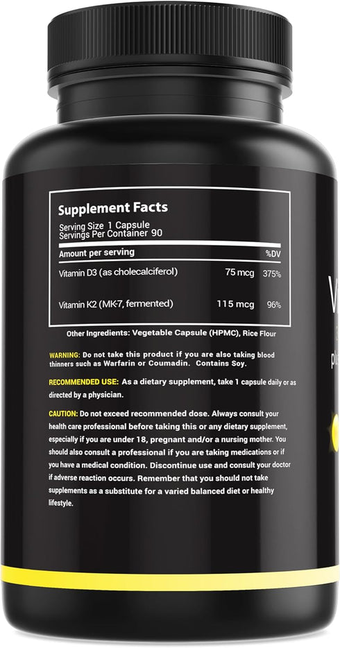 Vitamin D3 K2 3000 IU - High Potency Vitamin Supplement with MK-7 from Natto - 90 Capsules for Healthy Bones & Immune