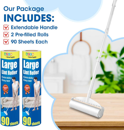 AZEN Large Lint Rollers for Pet Hair, Extra Sticky 9.45 in Rollers for Floor Carpet, 180 Sheets with Handle