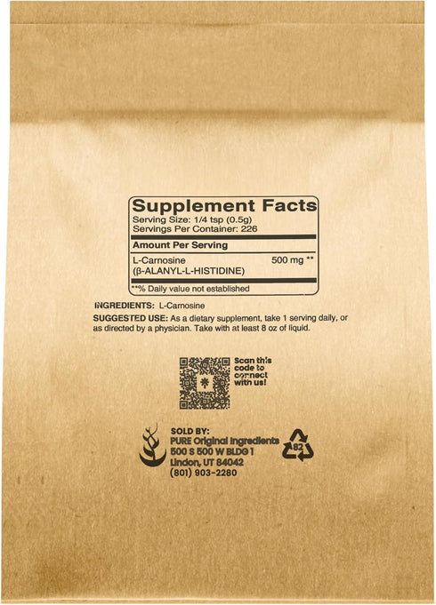 PURE ORIGINAL INGREDIENTS L-Carnosine Powder (4 oz) - Dietary Supplement, Lab-Verified, No Additives