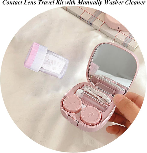 Portable Contact Lens Case with Cleaner Washer, Travel Kit with Mirror, Remover Tool, Tweezers, Solution Bottle, Mini