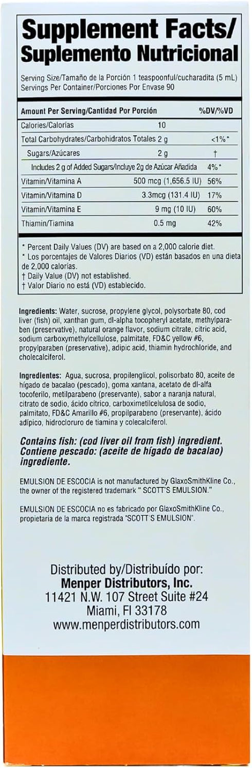 EMULSION DE ESCOCIA Cod Liver Oil, Dietary Supplement, Vitamins A, B1, D, E, Orange Flavor (15.3 Fl Oz)