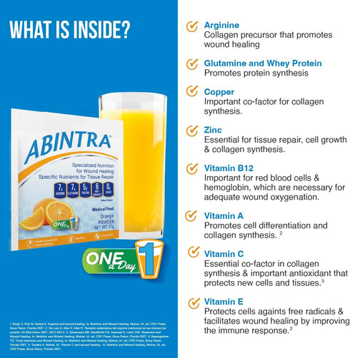 ABINTRA Specialized Wound Healing Nutritional Supplement, 6 Packets, 27g Each, Orange Flavor, Includes L-Arginine &