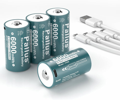 Pallus Rechargeable Lithium D Batteries with 4 in 1 USB-C Charge Cable, 4
