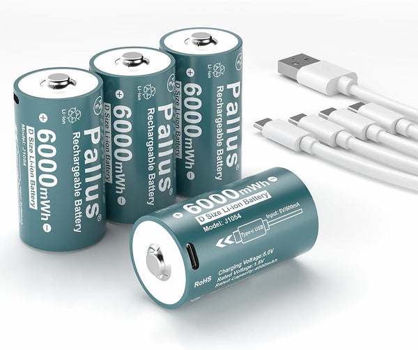 Pallus Rechargeable Lithium D Batteries with 4 in 1 USB-C Charge Cable, 4
