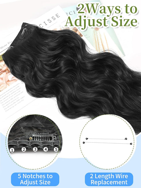 KooKaStyle Invisible Wire Hair Extensions with Transparent Headband Adjustable Size 4 Secure Clips Black Long Wavy Hairpiece 20 Inch for Women