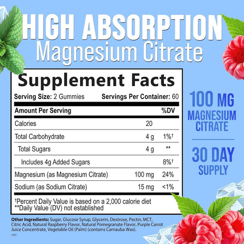 Magnesium Gummy - High Absorption Magnesium Citrate Supplement for Relax Support for Adults & Kids - Calm Magnesium Gummies Dietary Supplements - Bone Support & Heart Support - 60 Raspberry Gummies
