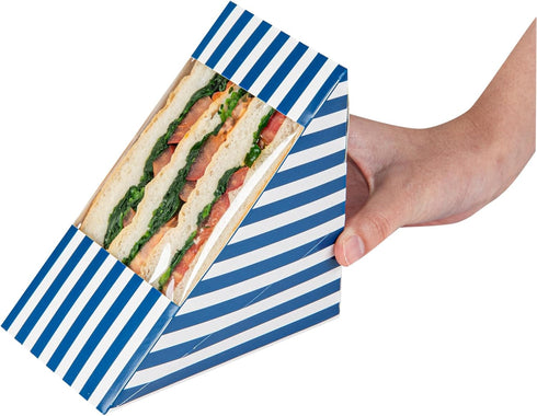 Restaurantware Cafe Vision Sandwich Paper Boxes - 25 Large Disposable Wedge Boxes with Window, Blue and White