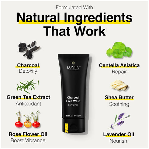 Lumin Men's Charcoal Face Wash, 100ml, 2-Pack - Unclogs Pores, Controls Oil, Prepares Skin for Shaving, Contains Charcoal, Rose Flower Oil & Centella Asiatica