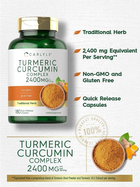 Carlyle Turmeric Curcumin Supplement 2400mg | 180 Powder Capsules | Non-GMO, Gluten Free | Herbal Formula