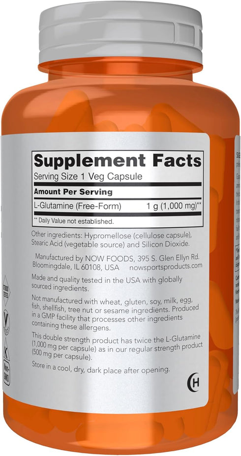 NOW Foods Sports Nutrition L-Glutamine, Double Strength 1,000 mg, Amino Acid, 120 Veg Capsules