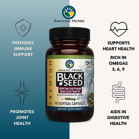 Amazing Herbs Premium Black Seed Oil Capsules - Gluten Free, Non-GMO, Cold Pressed Nigella Sativa, 90 Count, 500mg