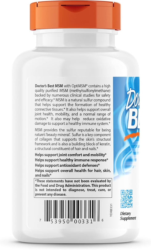 Doctor's Best MSM with OptiMSM, Joint Support, 1000 mg, 180 Veggie Caps, Non-GMO, Gluten Free